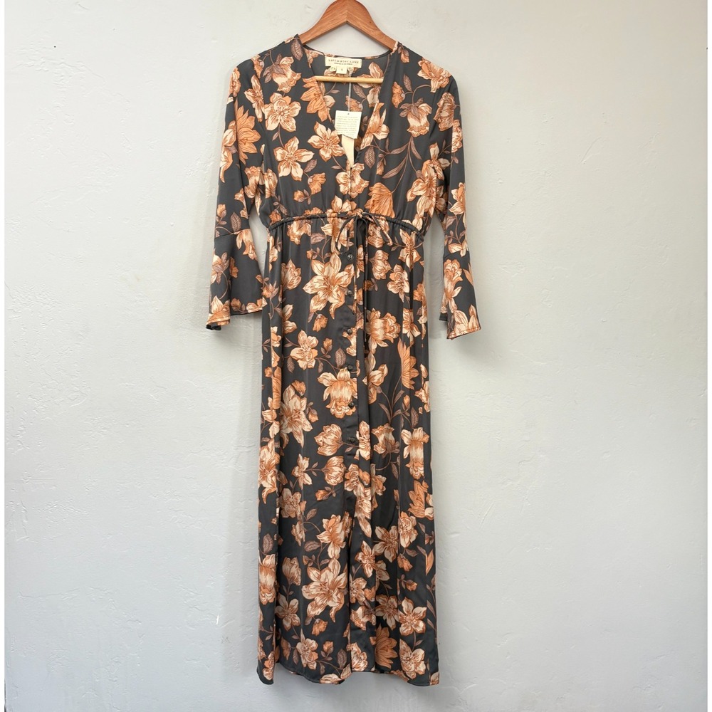 Saltwater Luxe Floral Maxi Dress Women Size Small Gray Flare Sleeves New